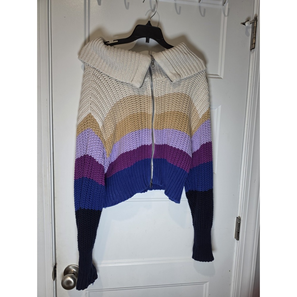 Aerie Womens M Striped Collared Full Zip Knit Cardigan Sweater Ivory Colorblock